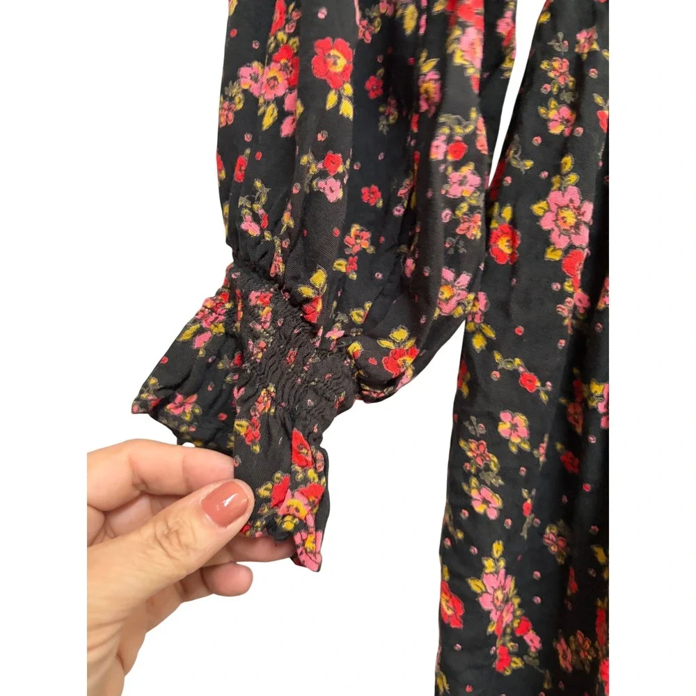 Free People Secret Garden Set Boho Black Floral Tiered Maxi Skirt Set Black S/M